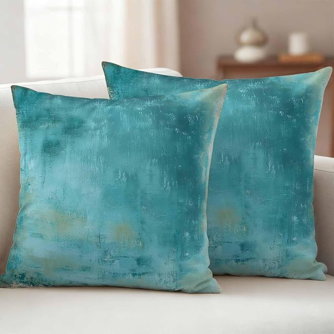 Teal Outdoor Waterproof Pillow Covers, Vintage Oil Painting Decorative Square Throw Pillowcase, Modern Abstract Art Sofa Cushion Sham for Patio/Couch/Chair, 26"x26" 2 Pack
