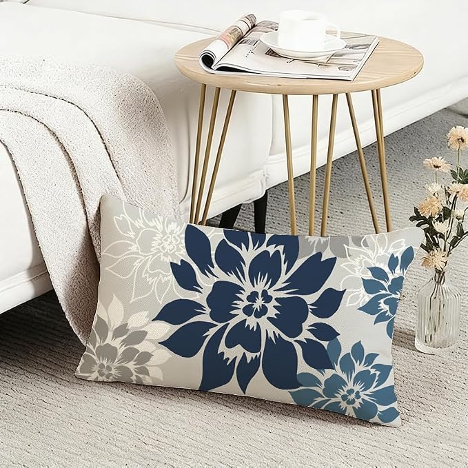 Waterproof Dark Blue Dahlia Floral Outdoor Pillow Covers 12x20 Inch, Decorative Spring Summer Cushion Cases for Living Room Sofa Patio Garden Porch