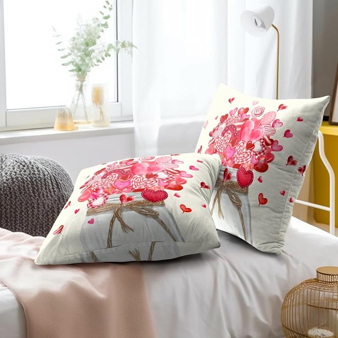 Valentines Day Throw Pillow Covers 16x16, Mason Jar Pink Red Hearts Candies Decorative Pillow Cases Soft Square Cushion Cover for Wedding Anniversary Home Decor Set of 2