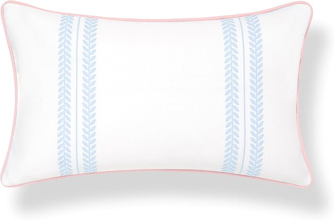 Hofdeco Premium Coastal Grandmillennial Patio Indoor Outdoor Lumbar Pillow Cover Only, 12"x20" Water Repellent for Backyard, Couch, Poolside, Baby Blue Pink Print Leaf Striped
