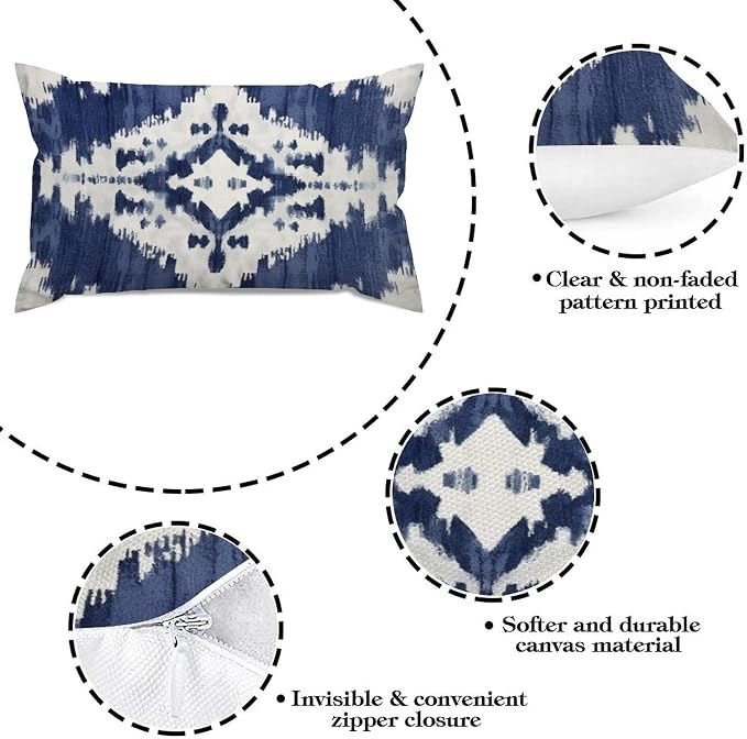 Zipped Pillow Cases for Home Decor Navy Blue Grey and Beige Ikat Pattern Print Throw Pillow Cover Set of 2 Farmhouse Cushion Cover Cases for Living Room Club Home Decor 12x20in