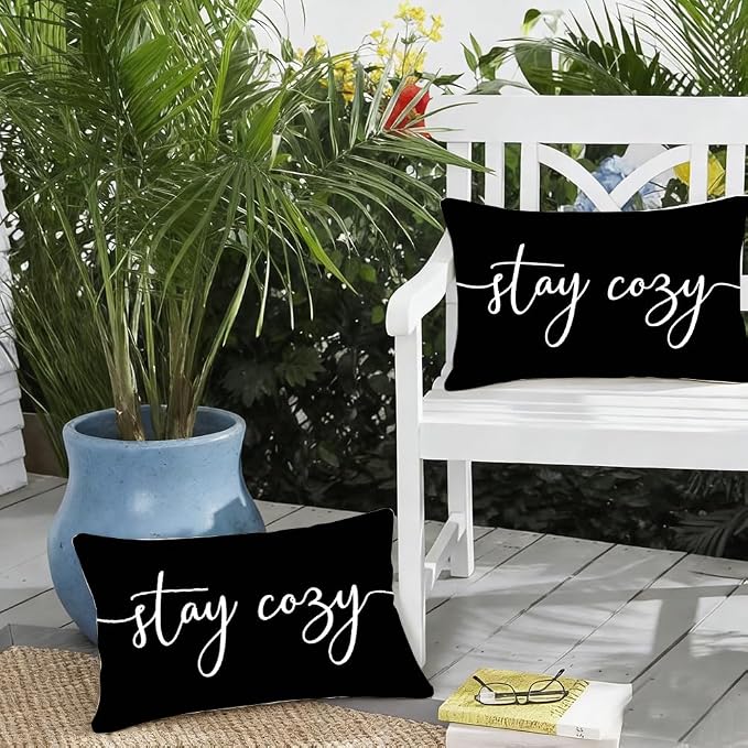 RABUSOFA Black Outdoor Pillow Covers 12x20 Waterproof Stay Cozy Decoration | Outdoor Patio Decoration, Waterproof & Durable Fabric, Machine Washable, Invisible Zipper, Not Insert