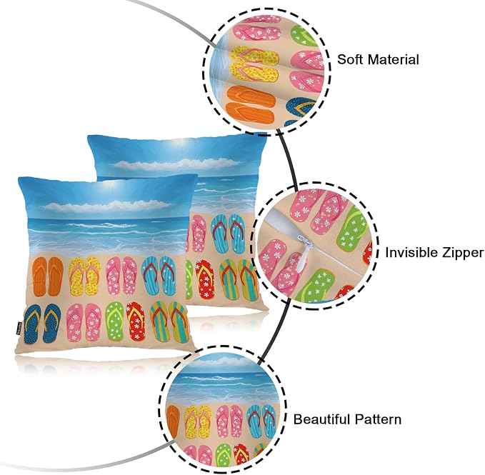 Swono Beach Sandals Decorative Throw Pillow Cushion Covers, Hawaii Beach Sea Flip Flops Cozy Pillowcase Home Decor, Double-Sided Pillow Covers for Bedroom Livingroom Office 18x18 Set of 2 Colorful