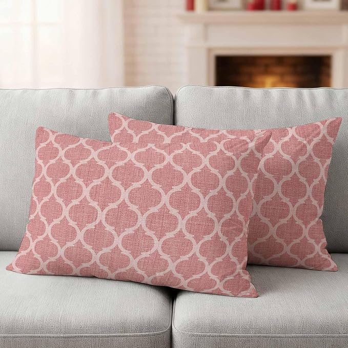 Coral Pink Morocco Outdoor Pillow Covers 20x12 Inch Lumbar Pillow Covers Set of 2 Waterproof Decorative Throw Pillow Cases Vintage Geometric Plaid Mahbudium Cushion Covers for Patio Furniture Garden