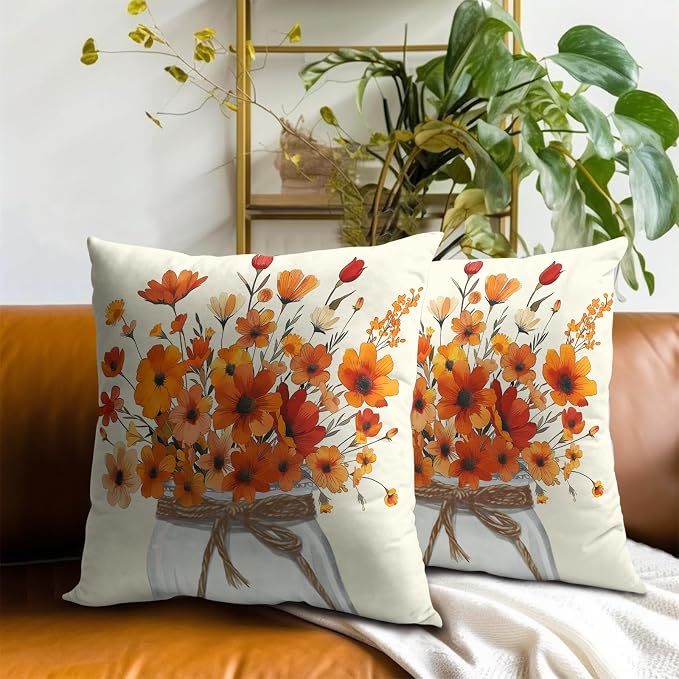 Orange Floral Throw Pillow Covers 22x22 Inch Set of 2, Colorful Autumn Fall Flowers Decorative Throw Pillowcase Cushion Cover Farmhouse Decor for Sofa Couch Bed