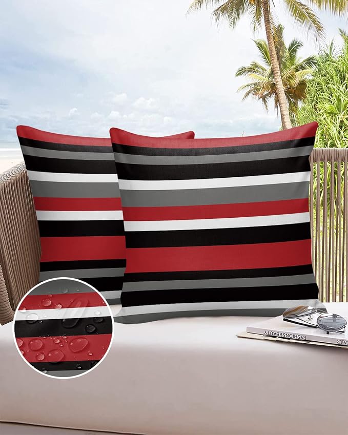 Outdoor Throw Pillow Cover Multicolor Horizontal Stripes Waterproof Cushion Covers 2 Pack Red White Gray Pillow Cases Home Decoration for Patio Garden Couch Sofa