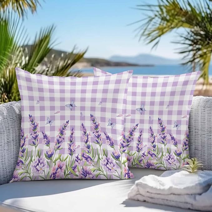 Vandarllin Outdoor Throw Pillows Covers 18x18 inch Set of 2 Waterproof Purple Lavender Flower Decorative Zippered Cushion Covers for Patio Furniture, Butterfly Buffalo Plaid Lumbar Pillowcases