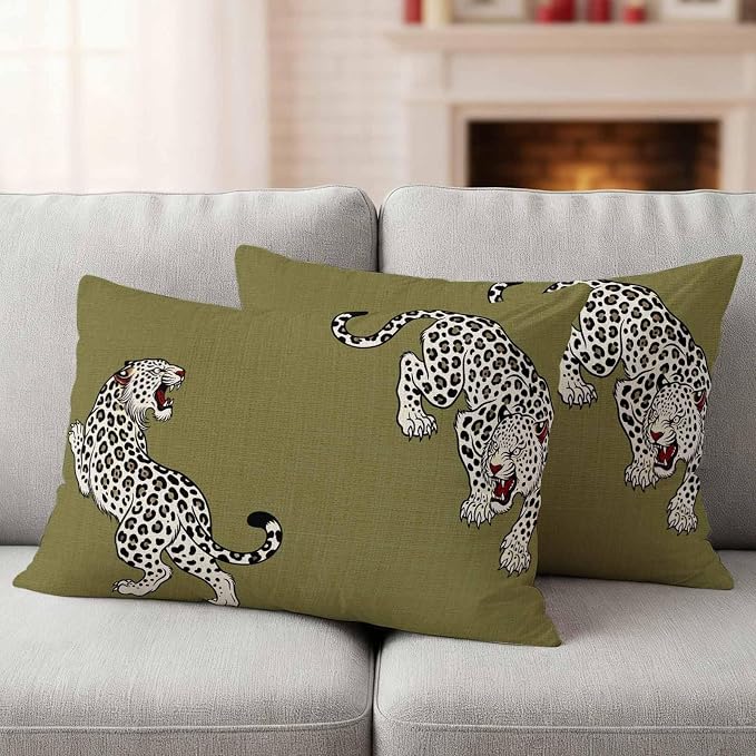 Yukro Green Leopard Outdoor Waterproof Pillow Covers Pack of 2, Modern Style Wild Animal Rustic Linen Texture Throw Pillowcases Decorative Cushion Covers for Garden Patio Tent Sofa Couch, 20x12 inch