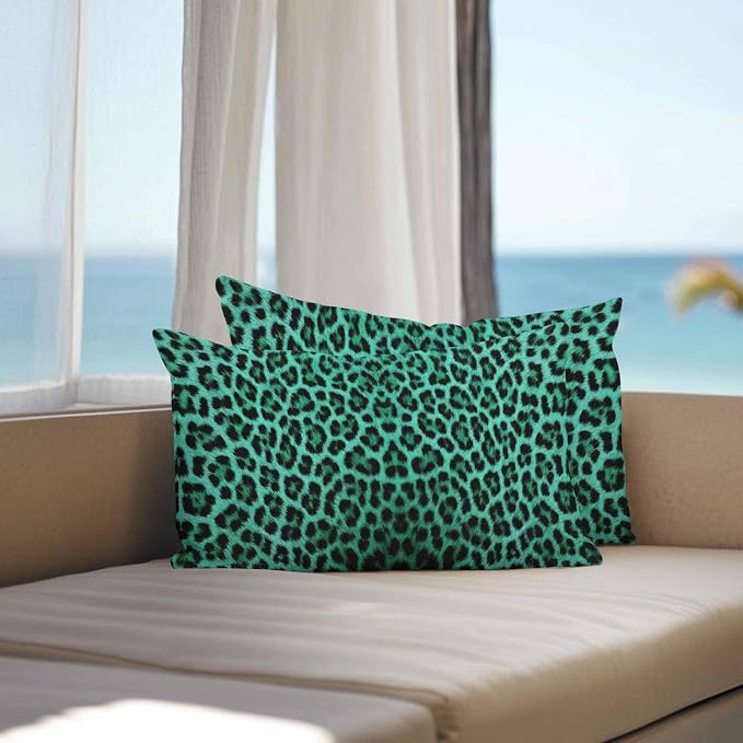 Vandarllin Outdoor Throw Pillows Covers 20x12 inch Set of 2 Waterproof Green Leopard Print Decorative Zippered Cushion Covers for Patio Furniture, Retro Animal Fur Pattern Lumbar Pillowcases