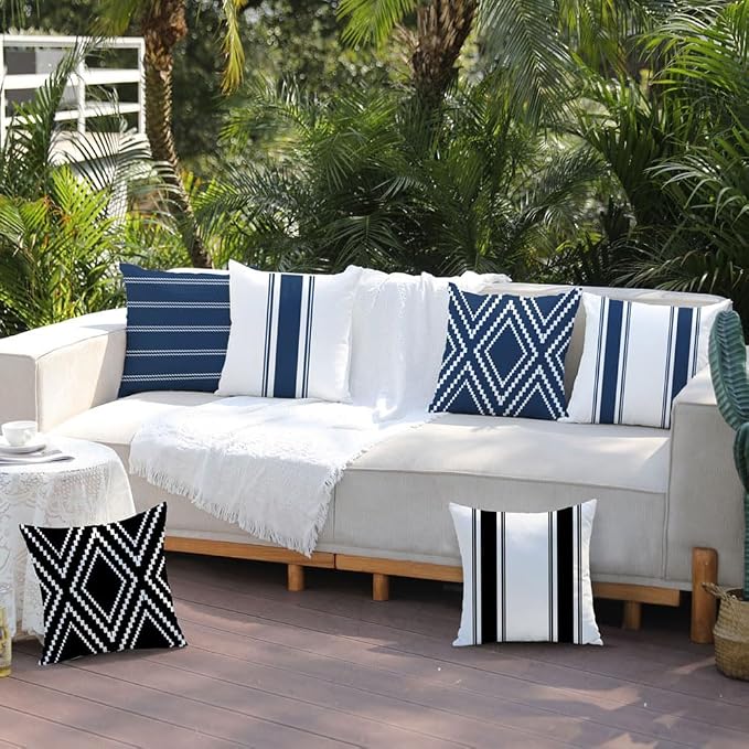 DFXSZ Outdoor Navy Blue Waterproof Geometry Pillow Covers 20x20 Set of 4 | Spring Summer Waterproof Modern Throw Pillowcases(No Inserts) Outdoor Decor for Patio Funiture Garden Polyester Covers
