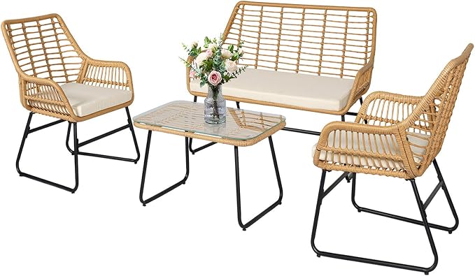 4 Piece Outdoor Wicker Patio Conversation Bistro Set, Rattan Patio Furniture Set with Table and Cushions, Conversation Loveseat Chairs for Backyard, Balcony, Beige
