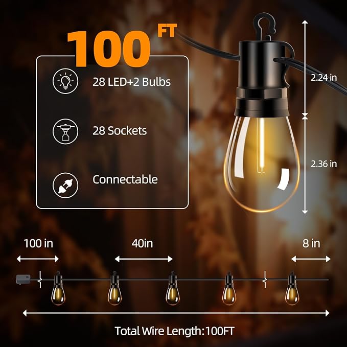 Outdoor Patio String Lights 100ft: S14 LED Shatterproof Bulbs 3 Modes Button Control - Waterproof Connectable Hanging Lights - Garden Backyard Yard Gazebo Porch Party Decorative