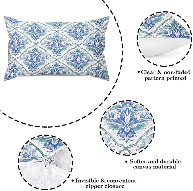 Zipped Pillow Cases for Home Decor Blue and Green Floral Pattern Throw Pillow Cover Set of 2 Farmhouse Cushion Cover Cases for Living Room Club Home Decor 12x20in