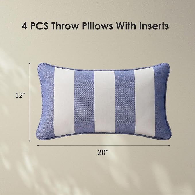 Unimatta Decorative Outdoor Water Repellent Throw Pillows with Inserts, Set of 4, 20" x12" Pillows for Patio, Backyard, Bed, Couch, and Patio Furniture, Navy Stripe