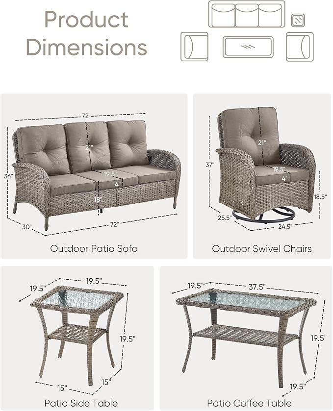 HUMMUH Wicker Patio Furniture Set-All Weather Rattan Patio Sofa Set with Swivel Rocker Chairs Outdoor Conversation Set for Deck Lawn Porch Balcony Poolside-Grey/Grey