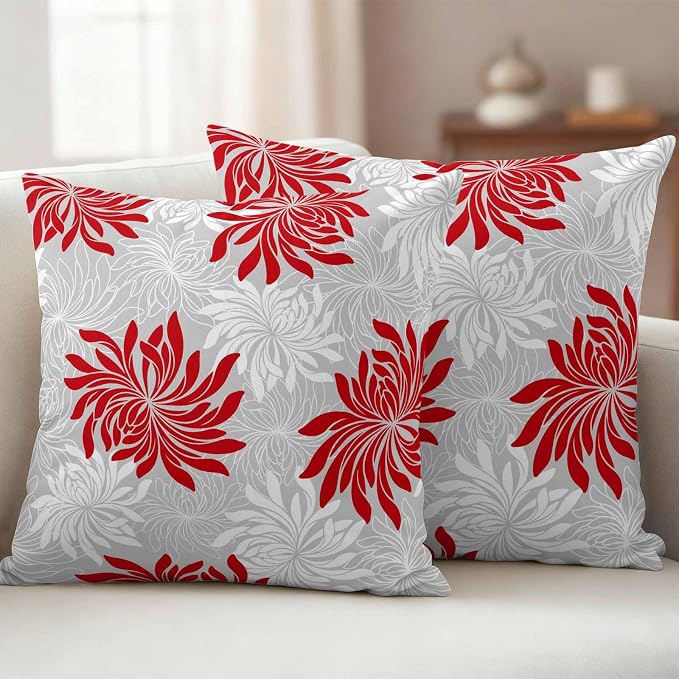 Red Grey Floral Outdoor Pillow Covers Set of 2 Vintage Red White Grey Flower Waterproof Throw Pillow Cover Decorative Cushion Cases for Patio Porch Garden 20X20 Inch
