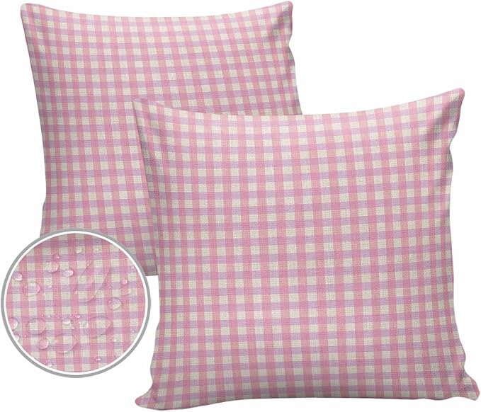 Outdoor Waterproof Throw Pillow Covers Set of 2 Pink Buffalo Plaid Pillowcases 26x26 Inches Linen Classic Checked Patio Decorative Pillows Cushion Case Patio Pillows for Couch Bed Chair Garden