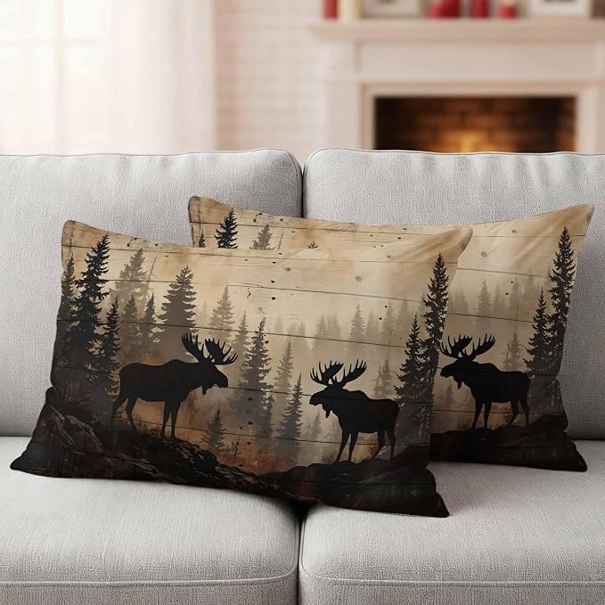 Nature Landscape Outdoor Waterproof Pillow Covers Pack of 2, Rustic Moose Forest Pine Silhouettes Wildlife Throw Pillowcases Decorative Cushion Covers for Garden Patio Tent Sofa Couch, 20x12 inch