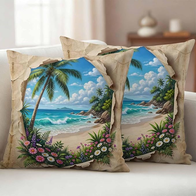 Tropical Floral Botanical Outdoor Pillow Covers 20x20 Inch Throw Pillow Covers Set of 2 Waterproof Decorative Pillow Cases Palm Tree Summer Beach Cushion Covers for Patio Furniture Garden Couch Sofa