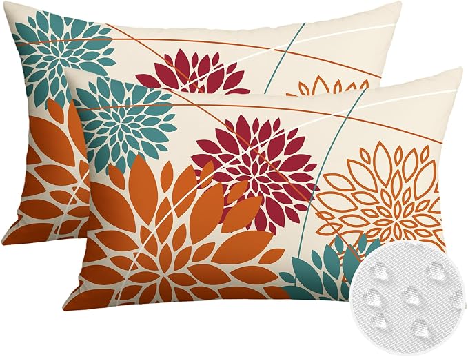 OTOSTAR Outdoor Orange Red Pillow Covers 16x24 Inch Set of 2 Cyan Flower Throw Pillows Farmhouse Geometric Dahlia Floral Lumbar Cushion Case Waterproof Decor for Sofa Patio Funiture Garden