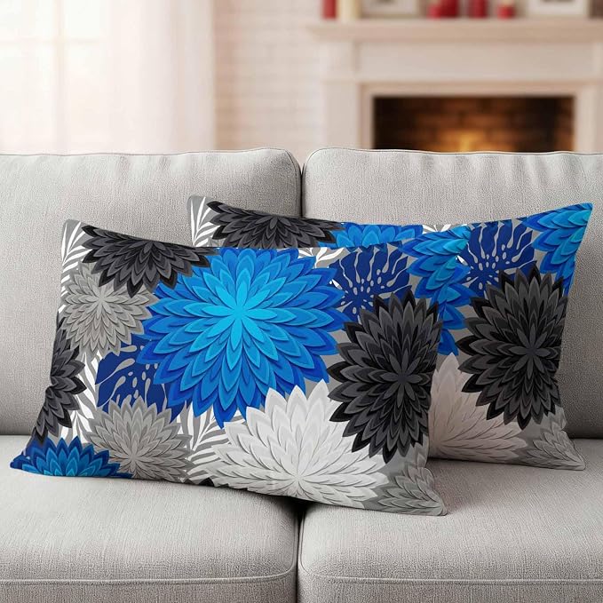 Blue Black Grey Flowers Outdoor Pillow Covers Waterproof, All Weather Cushion Case Set of 2, Boho Colorful Floral Plant Lumbar Pillowcase for Sofa Couch Bed Decor Patio Furniture 20"x12"