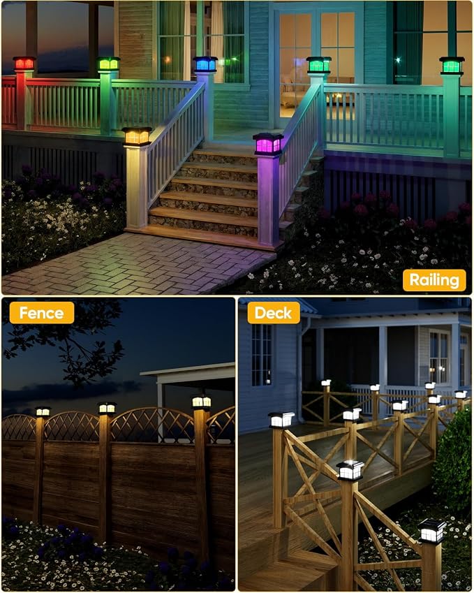 RGBCW Solar Post Cap Lights 12-Pack, 9 Colors 3 Modes Fence Cap Lights, Bright Solar Outdoor Waterproof LED Deck Lighting for Fence Garden Deck Patio Porch Decor 4x4 Vinyl/Wood, Black