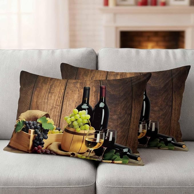 Lumbar Pillow Covers 12 x 20 Inches, Red Wines Waterproof Throw Pillow Cover Set of 2, Champagne Grapes Galsses Country Wooden Plank Decorative Rectangle Cushion Covers for Patio/Couch/Garden