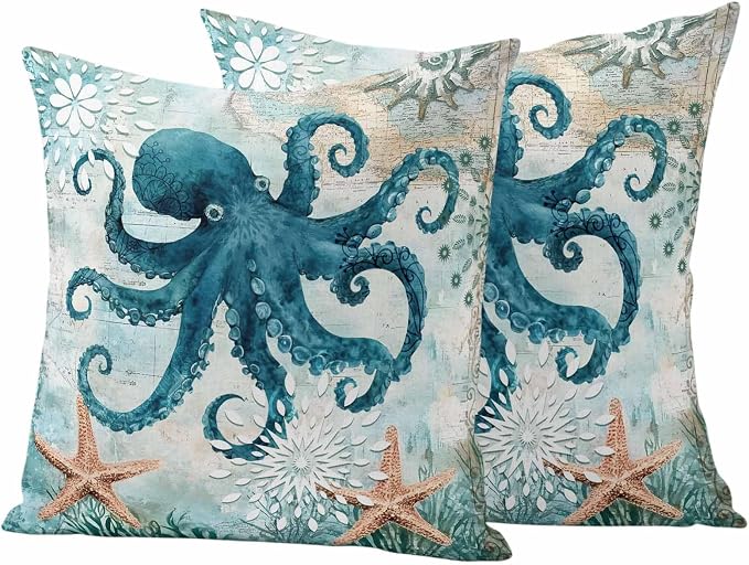 Ocean Creature Outdoor Waterproof Throw Pillow Covers Set of 2, 24"x24", Eight Pawfish Corals Sea Stars Decorative Pillow Covers Outside Cushion Case for Patio Porch Garden