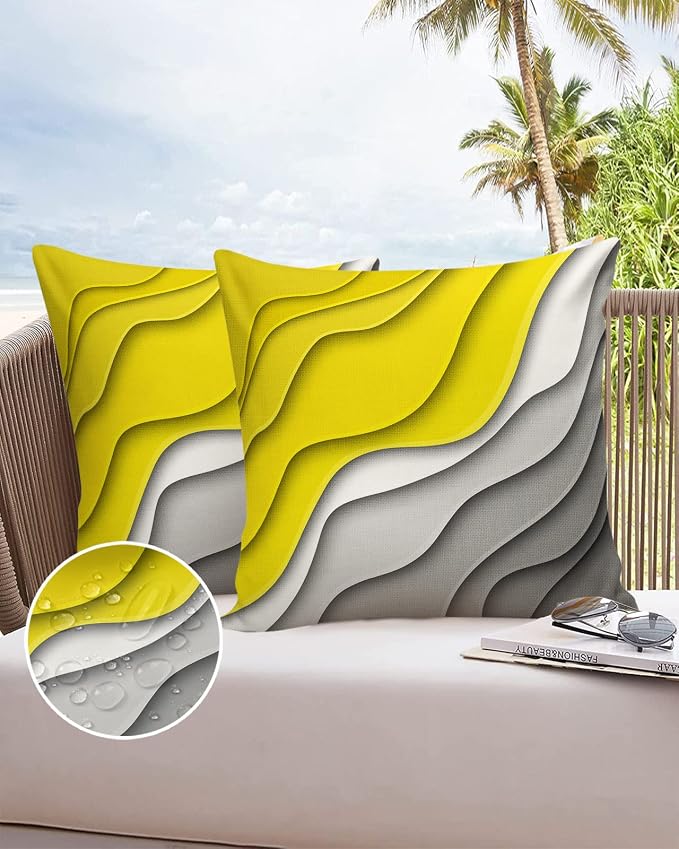 Modern Geometric Outdoor Waterproof Pillow Covers for Patio Furniture Yellow Decorative Throw Pillow Cover Abstract Beach Pillowcases Set of 2 Cushion Case for Sofa Couch Chair Home Decor 16 x 16 Inch