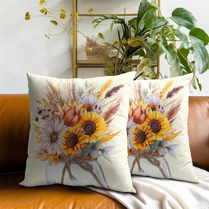 Fall Sunflower Pillow Covers 18x18 Inch Set of 2 Yellow Floral Wheat Flower Mason Jar Rustic Decorative Pillow Cushion Cases for Outdoor Couch Sofa Home Fall Harvest Party Decor
