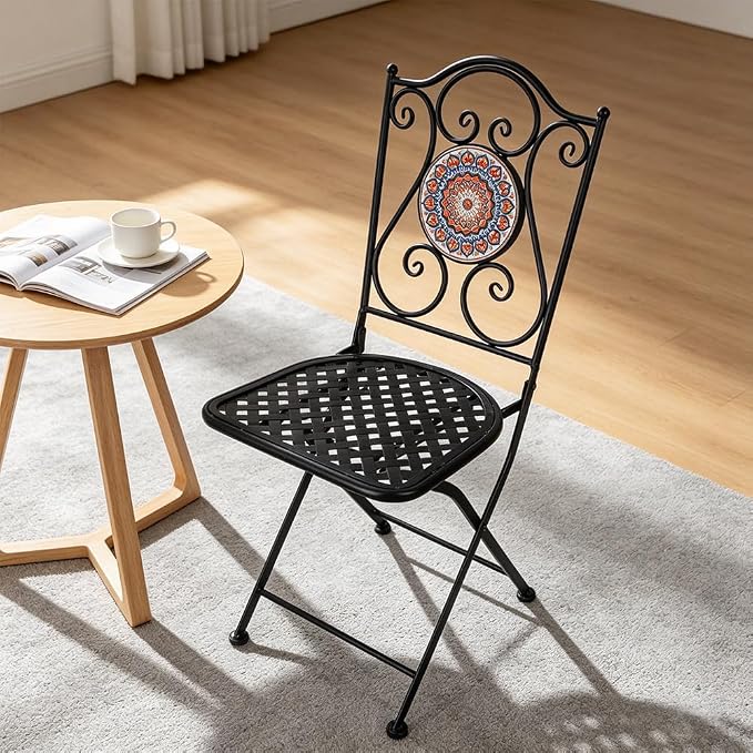 Folding Patio Chairs Set of 2 Mosaic Bistro Chair Outdoor Seating | Garden Patio Furniture Seating Heavy Duty Metal Frame Dining Chairs for Lawn Yard Balcony Porch Backyard Poolside