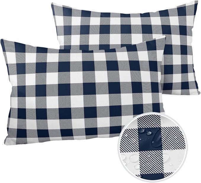 Outdoor Waterproof Throw Pillow Covers Set of 2 Buffalo Plaid Dark Blue Check Lumbar Pillowcases 20x12 Inches Farmhouse Style Patio Decorative Pillows Cushion Case Patio Pillows for Couch Bed Garden