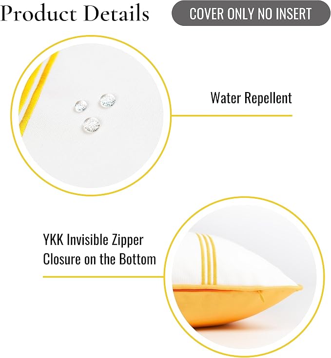 Hofdeco Premium Coastal Patio Indoor Outdoor Lumbar Pillow Cover Only, 12"x20" Water Resistant for Backyard, Couch, Yellow Embroidered Vertical Line