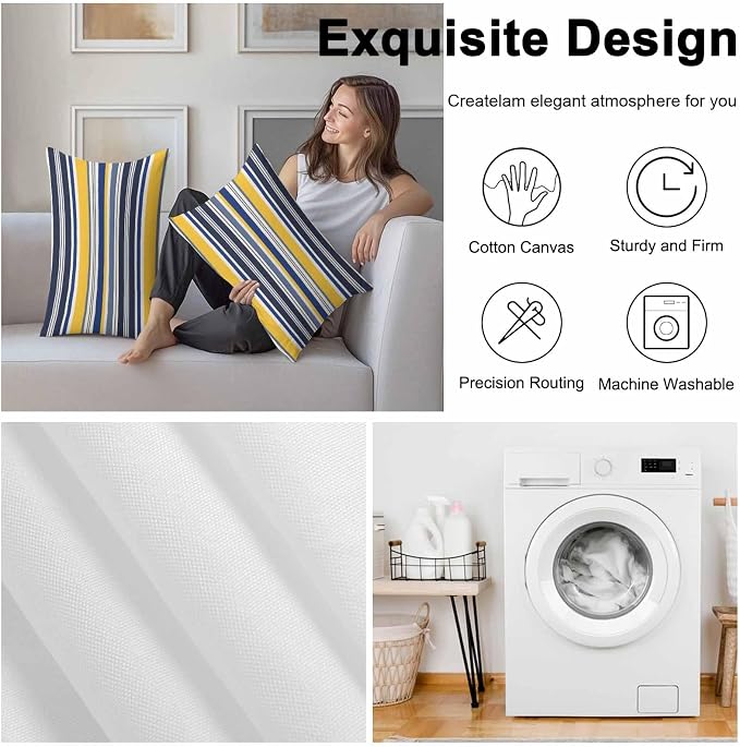 Outdoor Waterproof Throw Pillow Covers Set of 2 Yellow Stripes Lines Lumbar Pillowcases 20x12 Inches Navy Blue Classic Striped Decorative Pillows Cushion Case Patio Pillows for Couch Bed Chair Garden