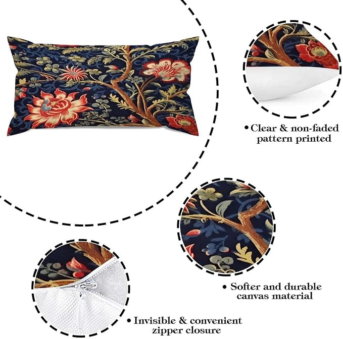 Zipped Pillow Cases for Home Decor Burgundy Gold Navy Blue Floral Botanical Throw Pillow Cover Set of 2 Farmhouse Cushion Cover Cases for Living Room Club Home Decor 12x24in
