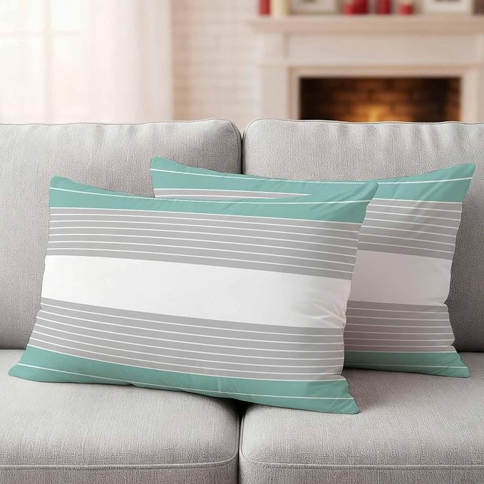 Turquoise Grey Stripe Outdoor Pillow Covers Set of 2 Gradient Line Waterproof Throw Pillow Cover Decorative Cushion Cases for Patio Porch Garden 20X12 Inch