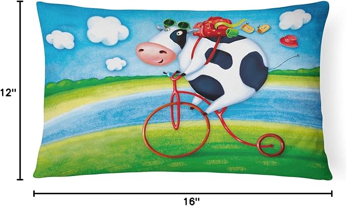 Caroline's Treasures APH0076PW1216 Cow Riding Bicycle Canvas Fabric Decorative Pillow Machine Washable, Indoor Outdoor Decorative Pillow for Couch, Bed or Patio, 12HX16W