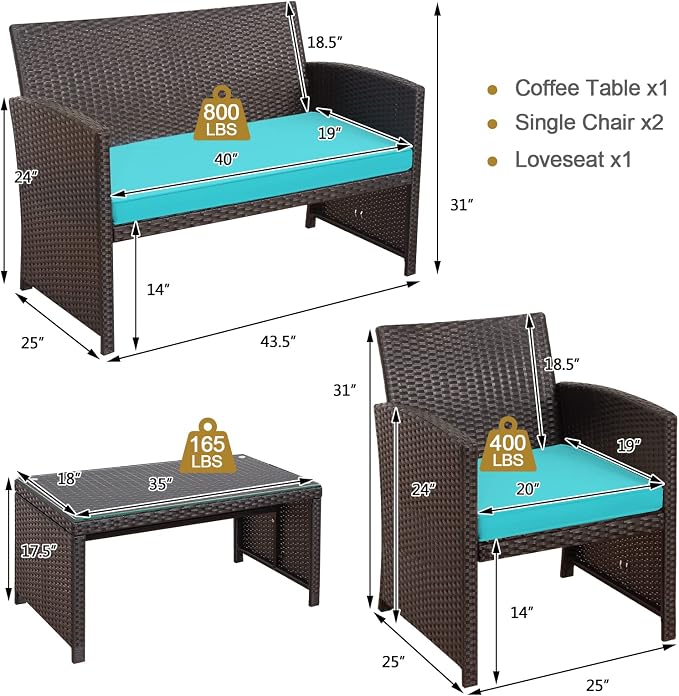 HAPPYGRILL Set of 4 Rattan Conversation Set Outdoor Wicker Furniture Set with Tempered Glass Coffee Table, Soft Cushions, Weather-Resistant Rattan Chair Set for Garden Backyard Poolside