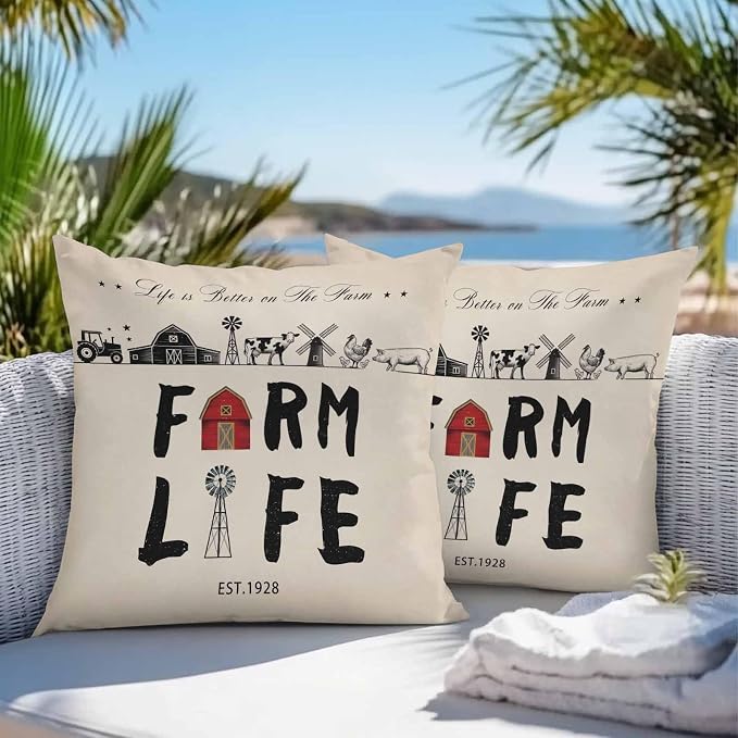 Outdoor Throw Pillows Covers 18x18 inch Set of 2 Waterproof Farm Life Decorative Zippered Cushion Covers for Patio Furniture, Retro Farmhouse Red Barn Windmill Cow Chicken Tractors Lumbar Pillowcases