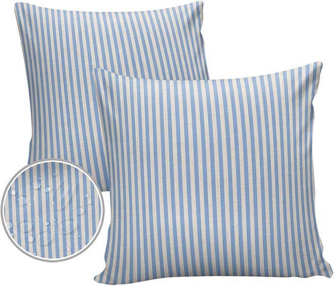 Outdoor Waterproof Throw Pillow Covers Set of 2 Blue Stripes Pillowcases 20x20 Inches Linen Classic Vertical Striped Patio Decorative Pillows Cushion Case Patio Pillows for Couch Bed Chair Garden