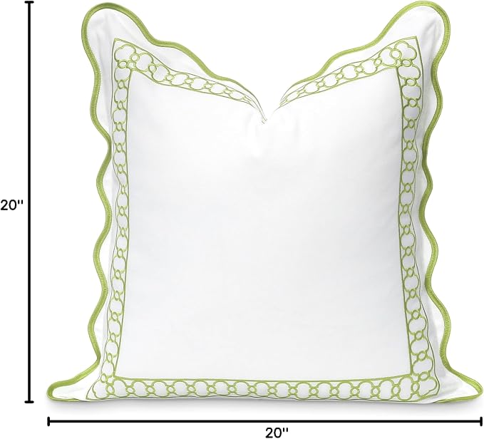 Hofdeco Premium Coastal Patio Indoor Outdoor Throw Pillow Cover Only, Water Repellent for Backyard, Couch, Begonia Pattern Chain Frame Green 20"x20", Scalloped Embroidered