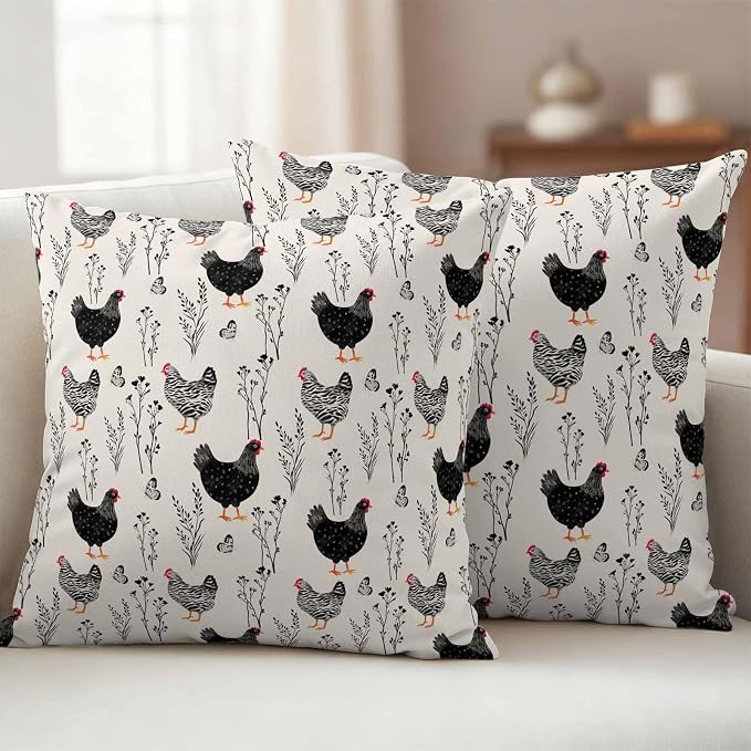Beige Farm Chicken Outdoor Pillow Covers 18"x18" Set of 2, Country Farmhouse Black White Rooster Flower Leaf Waterproof Throw Pillow Covers for Patio Furniture, Decorative Cushion Covers for Porch
