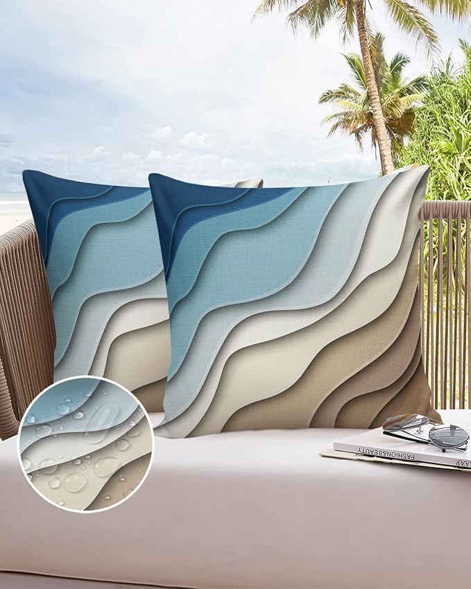 Outdoor Pillows 20x20 Waterproof Outdoor Pillow Covers, Ombre Stripes Blue Brown Polyester Throw Pillow Covers Garden Cushion Decorative Case for Patio Couch Decoration Set of 2, Abstract Striped