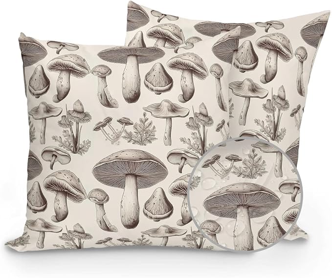 Outdoor Waterproof Throw Pillows Retro Mushroom Vintage Botanical Patio Pillows Pack of 2,Decorative Pillow Covers with Insert,Pillow Cushion Case for Garden Couch Sofa Aesthetic Plant Leaves