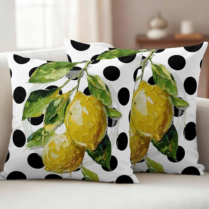 Waterproof Pillow Covers Set of 2,Summer Lemon Polka Dot Outdoor Pillow Protectors with Zipper Pillowcases for Patio Tent Garden Beach 16x16 Inches Country Fruit Oil Painting Style