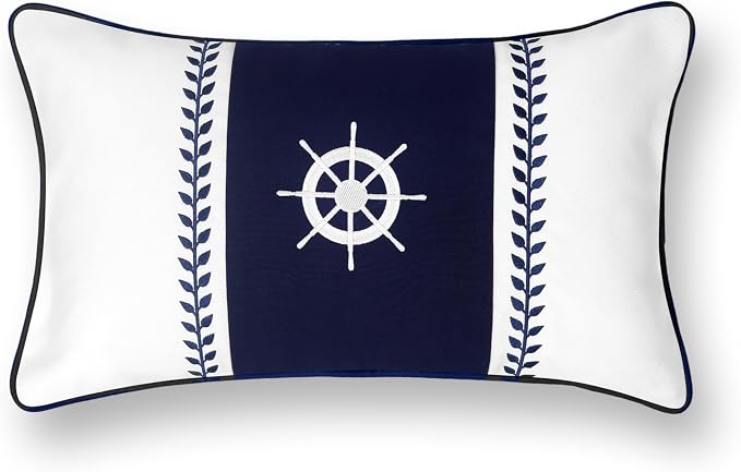 Hofdeco Premium Coastal Outdoor Performance Lumbar Pillow Cover Only, 12"x20" Water Repellent, UV and Fade Resistant for Backyard, Couch, Poolside, Navy Blue Embroidered Nautical Yacht Wheel