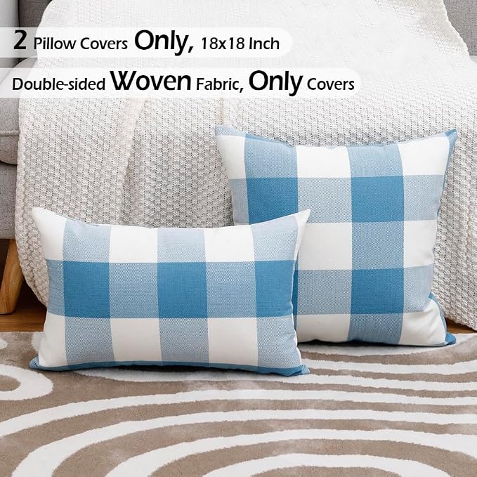 CARRIE HOME Light Blue and White Buffalo Plaid Summer Outdoor Pillow Covers 18x18 Set of 2, Light Blue Checkered Decorative Couch Pillows, Lake Blue Front Back Porch Decor Throw Pillows (No Inserts)