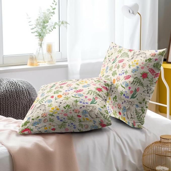 Spring Easter Throw Pillow Covers - Flower Sage Green Leaves Vintage Botanical Plants Pillow Cases Decorative for Rabbit Decor Couch Sofa Bedroom Living Room 20x20 Inch Set of 2