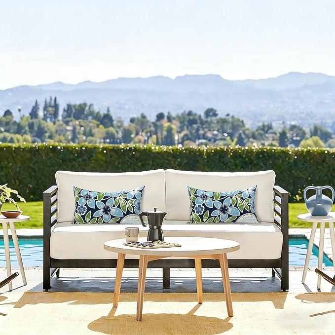 LVTXIII Set of 2 Patio Lumbar Pillows, 12" x 20" Fade Resistant Outdoor Lumbar Pillow with Inners, Fluffy Decorative Garden Lumbar Cushions for Home Patio Coach Sofa Use, Azure Botanical Symphony