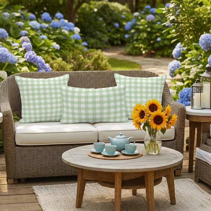 Mint Green Checks Outdoor Pillow Covers 26"x26" Set of 2, Gingham Plaid Abstract Modern Minimalist Waterproof Throw Pillow Covers for Patio Furniture, Decorative Cushion Covers for Porch